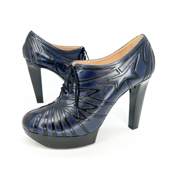 Robert Clergerie Shoes - Robert Clergerie Talno Platform Booties Black Blue Leather Size 7.5 Art Deco EUC